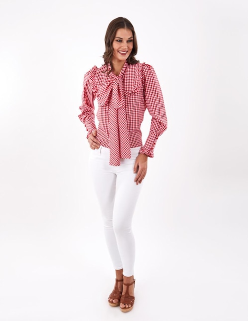 Blusa Beatriz Meade manga larga corte camisero estampado cuadros