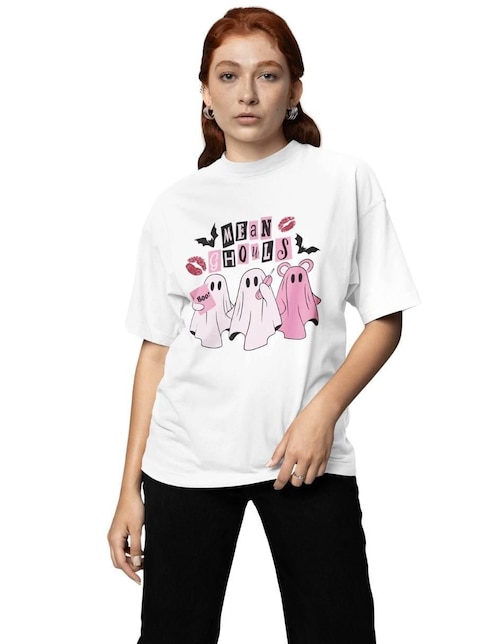 Playera manga corta Juana Gallo Ghost Girl Halloween Oversize cuello redondo para mujer