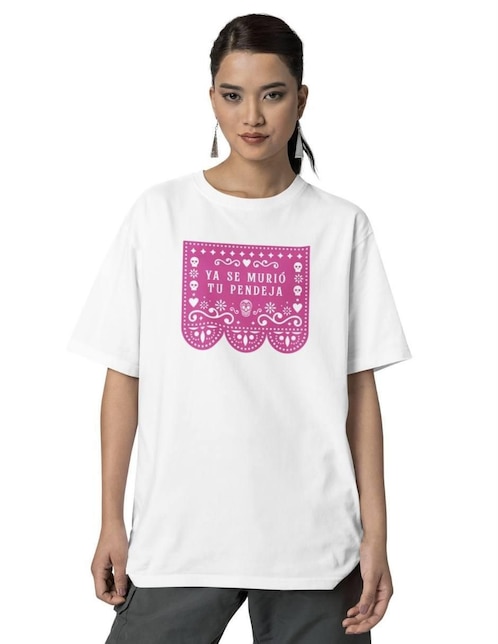 Playera manga corta Juana Gallo Papel Picado Halloween Oversize cuello redondo para mujer