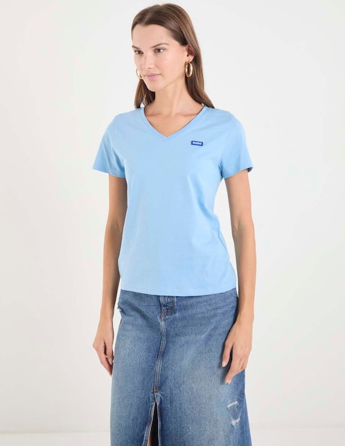Playera manga corta Hugo Blue cuello v para mujer