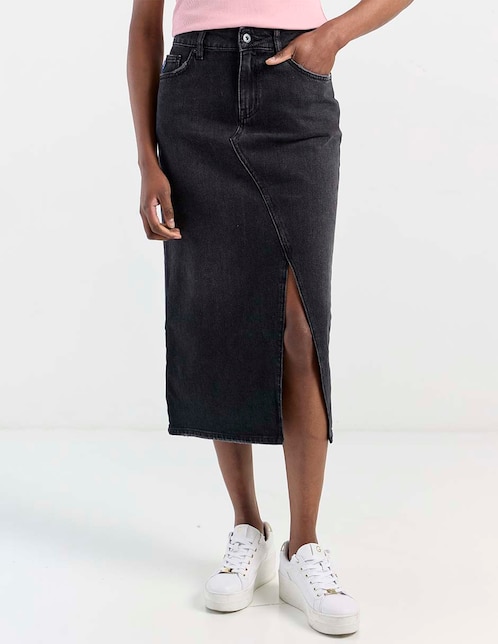 Falda midi Hugo Blue de mezclilla a la cintura