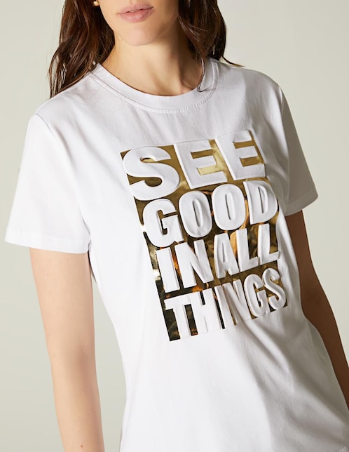 Playera manga corta Studio F Logo Foil cuello redondo para mujer