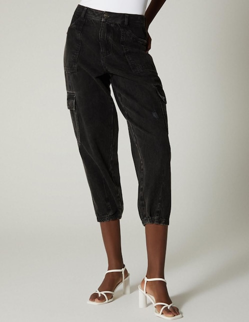 Jeans capri mom Studio F Wang Black corte cintura para mujer