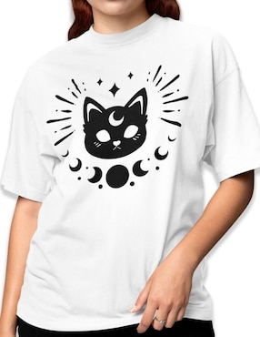 Playera manga corta Juana Gallo Astro Cat Oversize cuello redondo para mujer