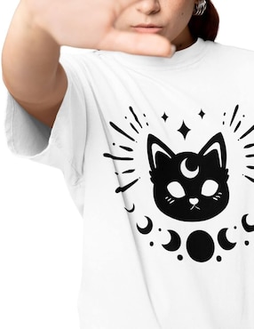 Playera manga corta Juana Gallo Astro Cat Oversize cuello redondo para mujer