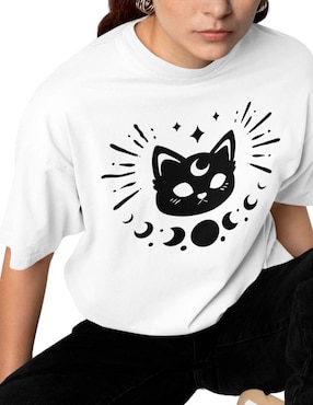 Playera manga corta Juana Gallo Astro Cat Oversize cuello redondo para mujer