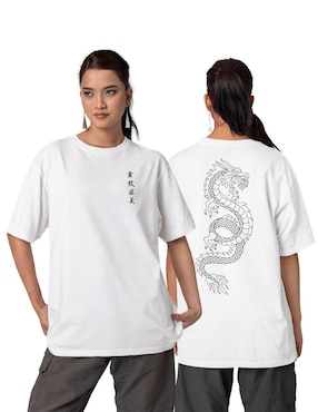 Playera manga corta Juana Gallo Dragón Oversize cuello redondo para mujer