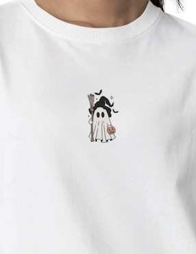 Playera manga corta Juana Gallo Fantasmita Halloween Oversize cuello redondo para mujer