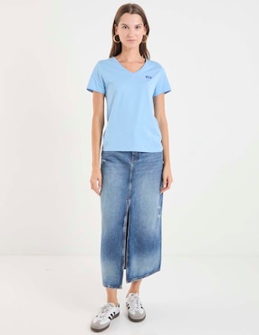 Playera manga corta Hugo Blue cuello v para mujer