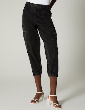 Jeans capri mom Studio F Wang Black corte cintura para mujer