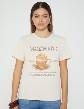 Playera manga corta Studio F Macchiato Coffee Mood cuello redondo para mujer