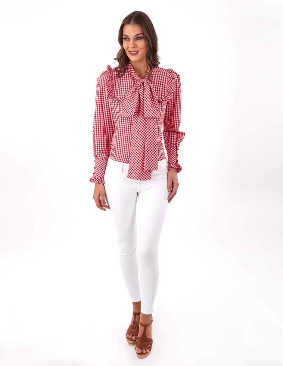Blusa Beatriz Meade manga larga corte camisero estampado cuadros