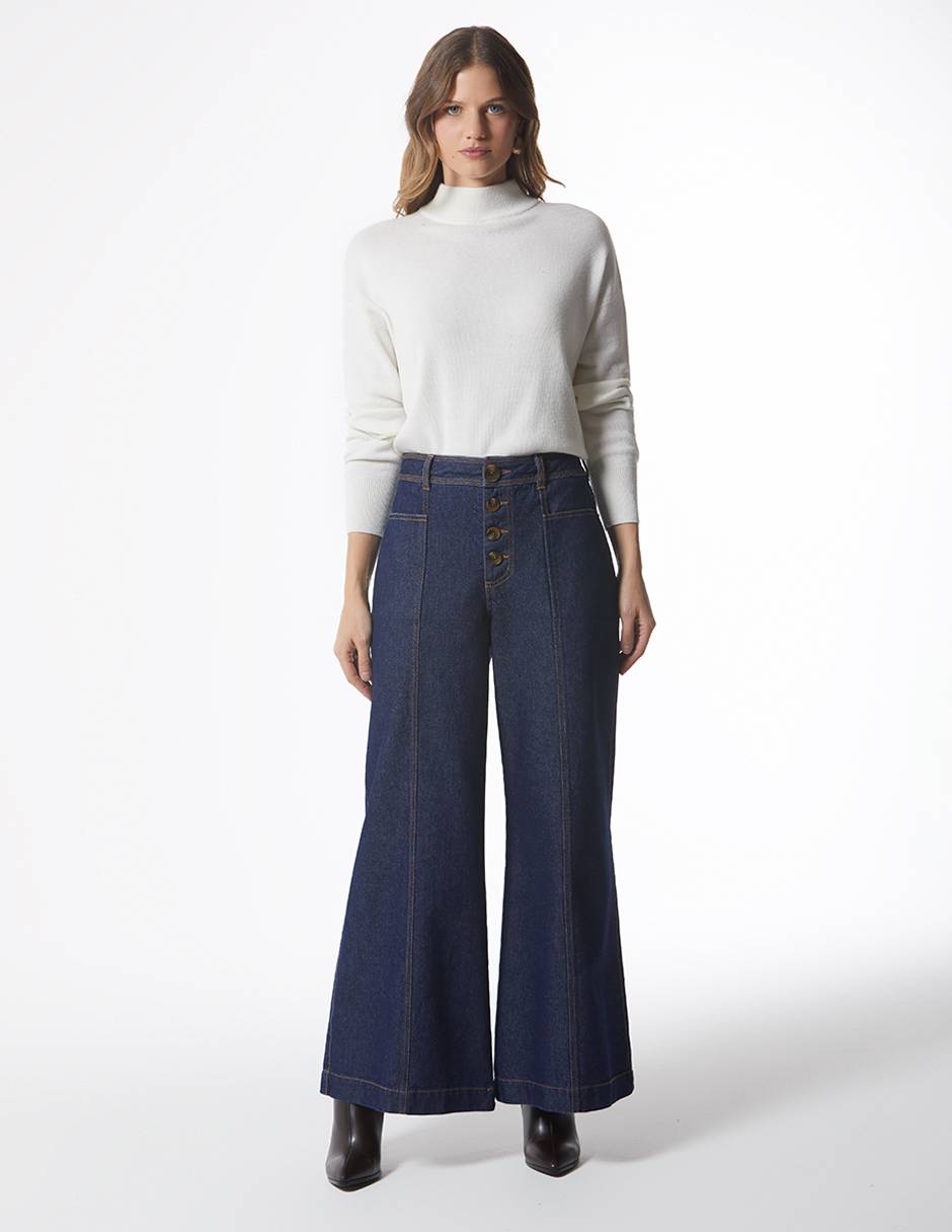 Jeans wide leg Jean palazo super alto botones corte cintura para mujer 2