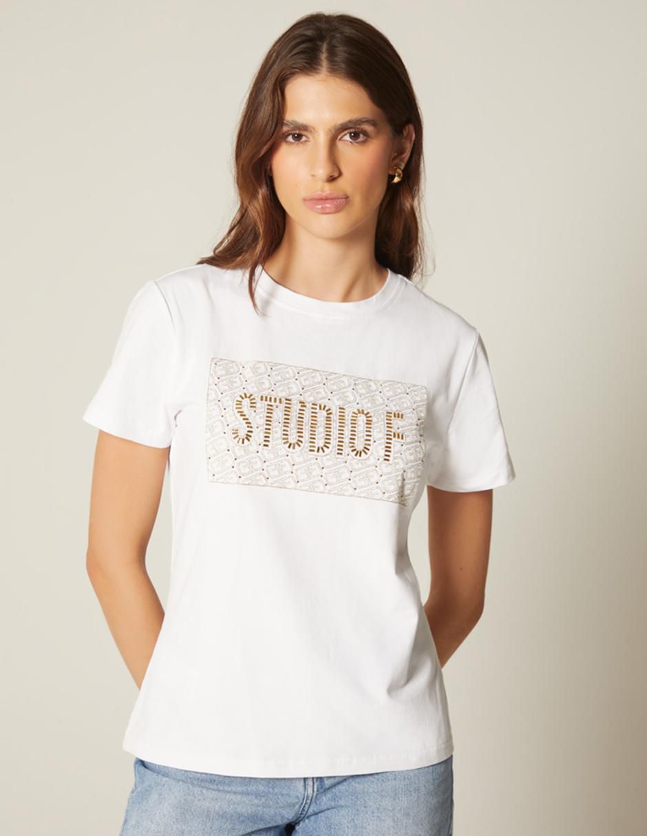 Playera manga corta Bordado FF cuello redondo para mujer Playera manga corta Bordado FF cuello redondo para mujer