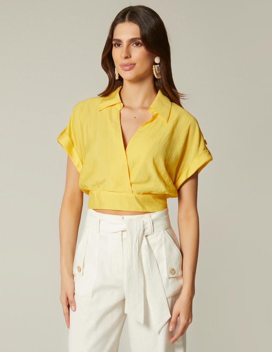 Top cuello camisero escote V manga corta Top cuello camisero escote V manga corta