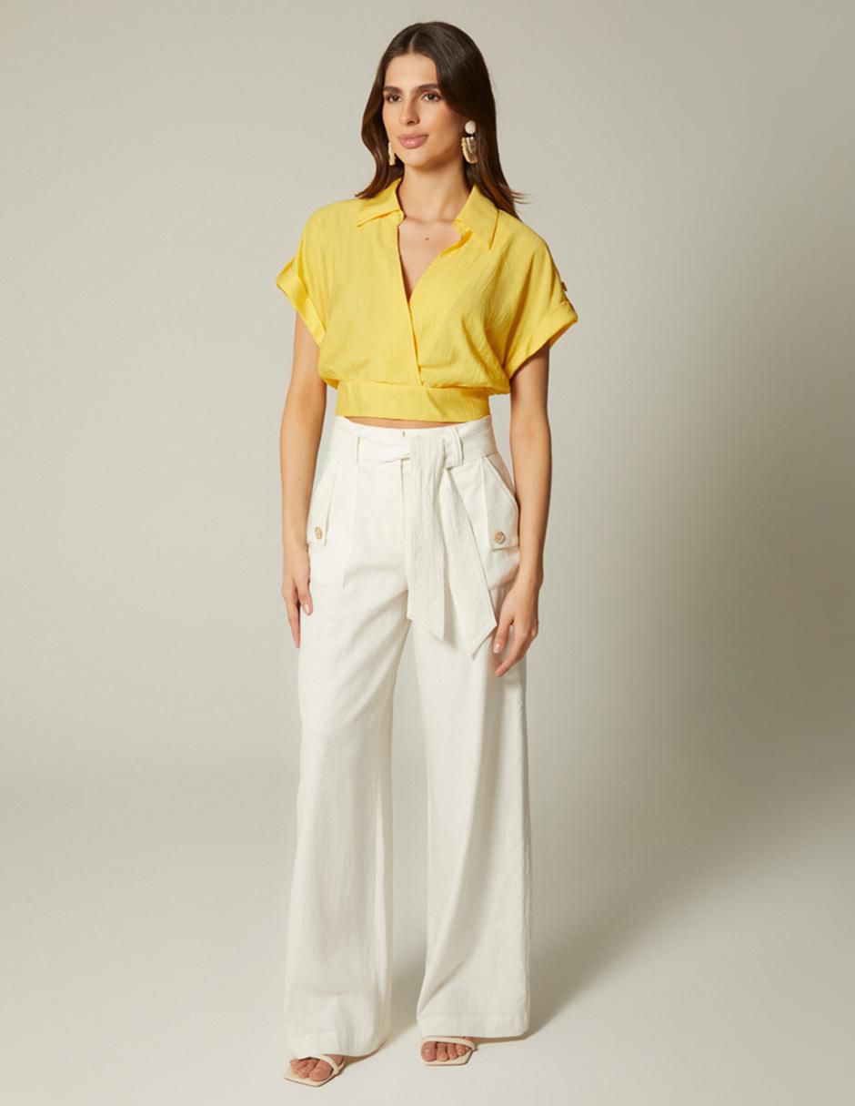 Top cuello camisero escote V manga corta 4