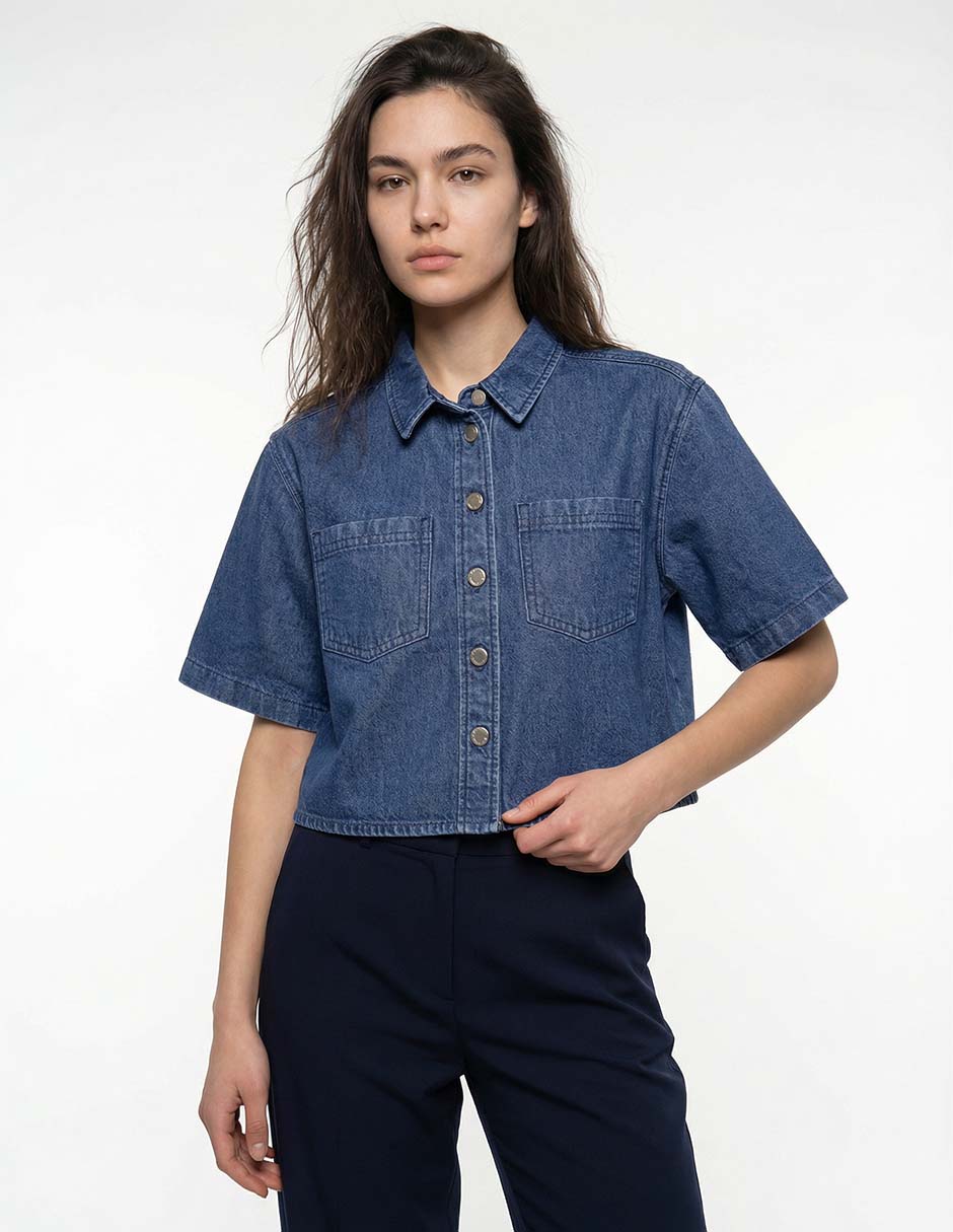 Camisa de mezclilla manga al codo para mujer