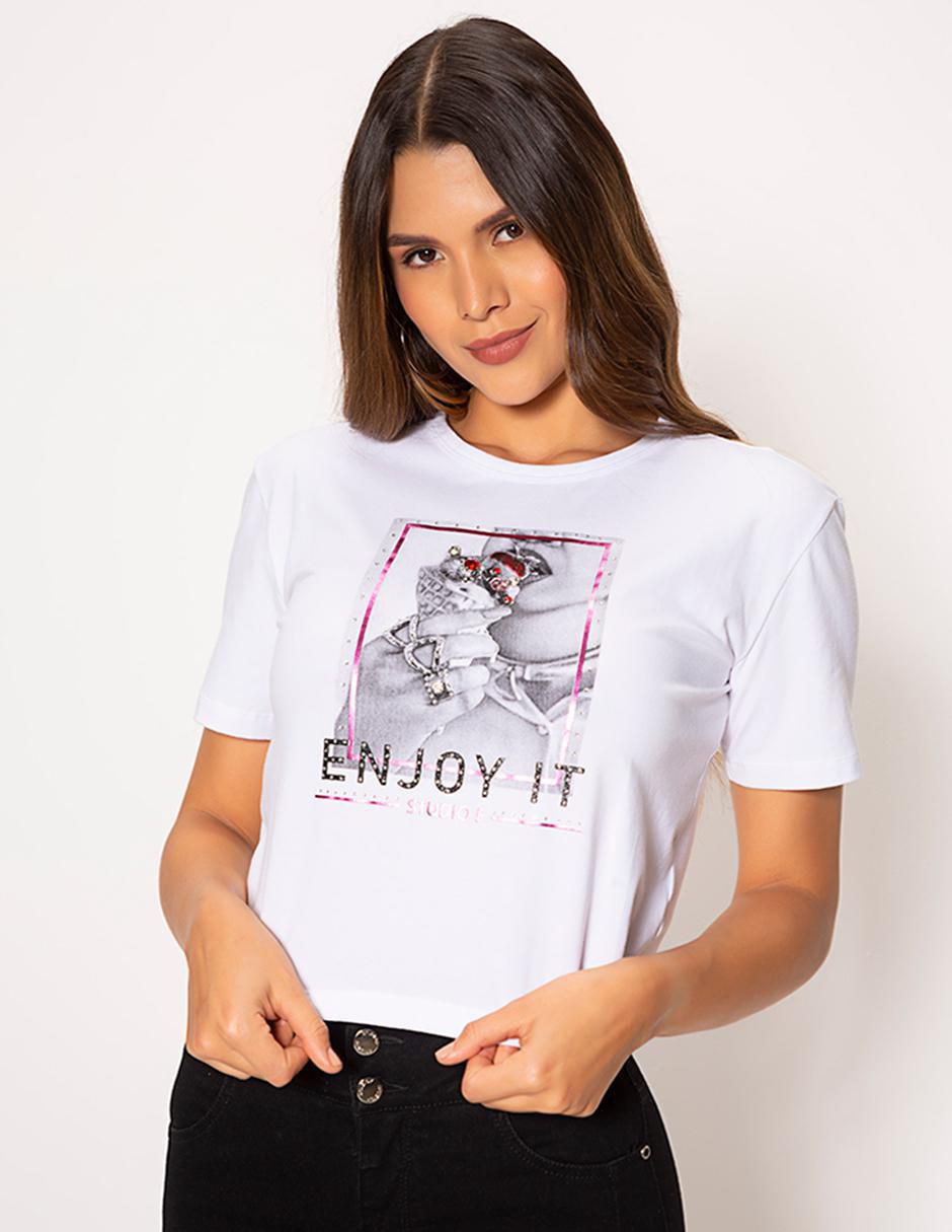 Playera manga corta Enjoy It cuello redondo para mujer