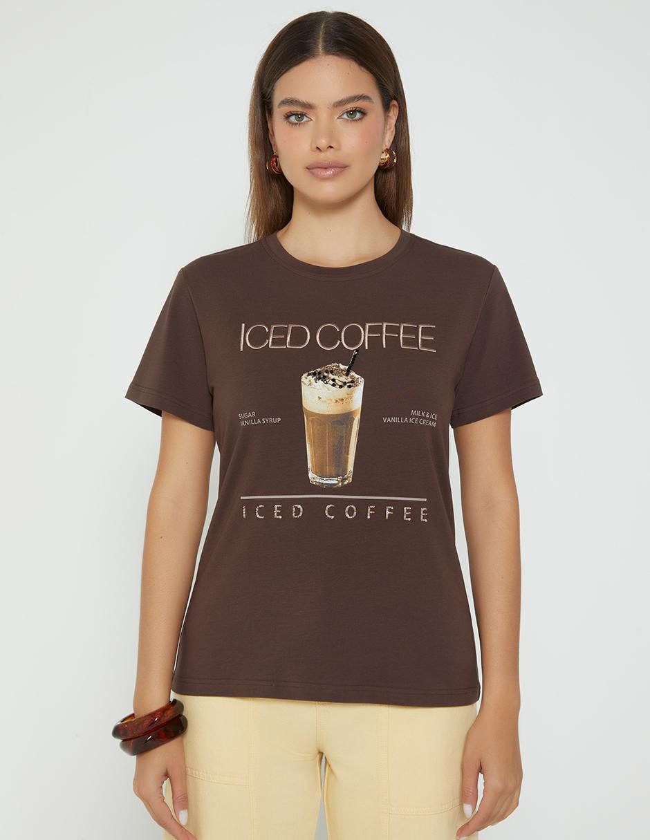 Playera manga corta Ice Coffee Mood cuello redondo para mujer Playera manga corta Ice Coffee Mood cuello redondo para mujer