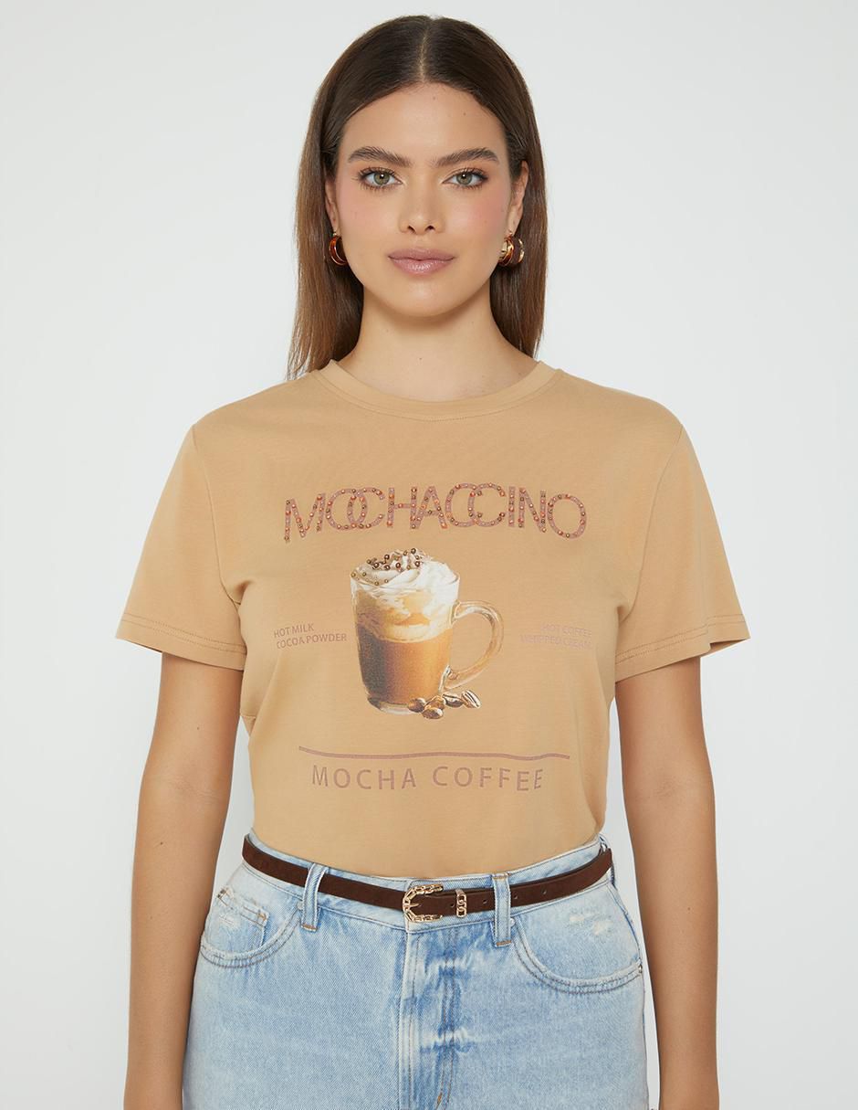 Playera manga corta Mochaccino Coffee Mood cuello redondo para mujer